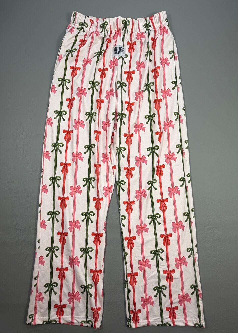 Brief Insanity Lounge Pants Women's Medium - Pink Red Green Bow Ribbon Print NWT